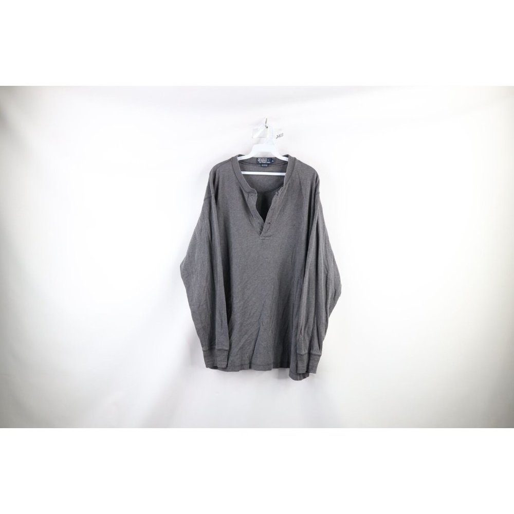 Vintage 90s Ralph Lauren Mens Xl Faded Ribbed Long Sleeve Henley T-Shirt Gray